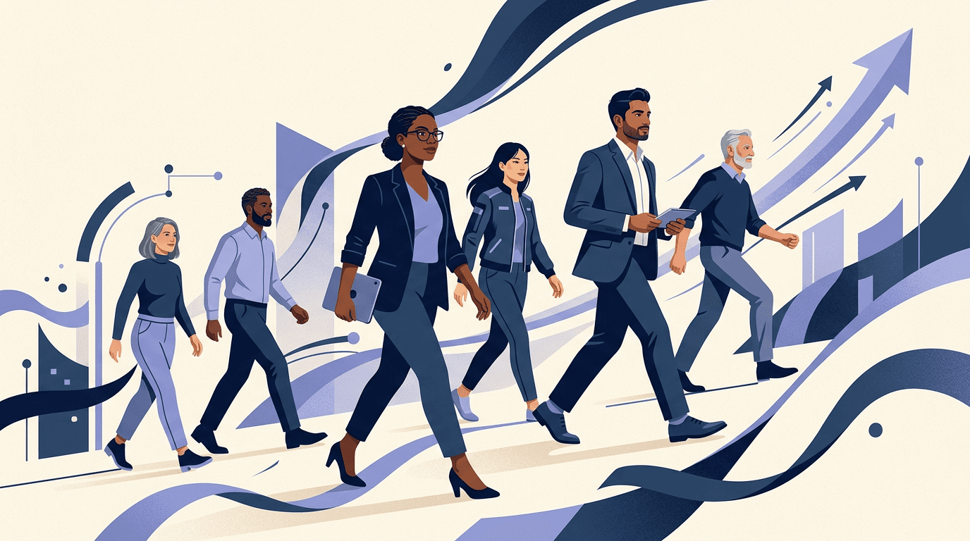 Abstract illustration: team momentum, collaboration, and forward motion.